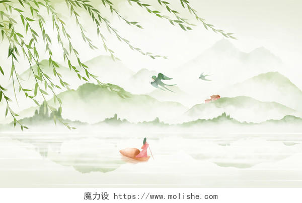 手绘中国风古风春天柳枝山水插画海报背景春天背景